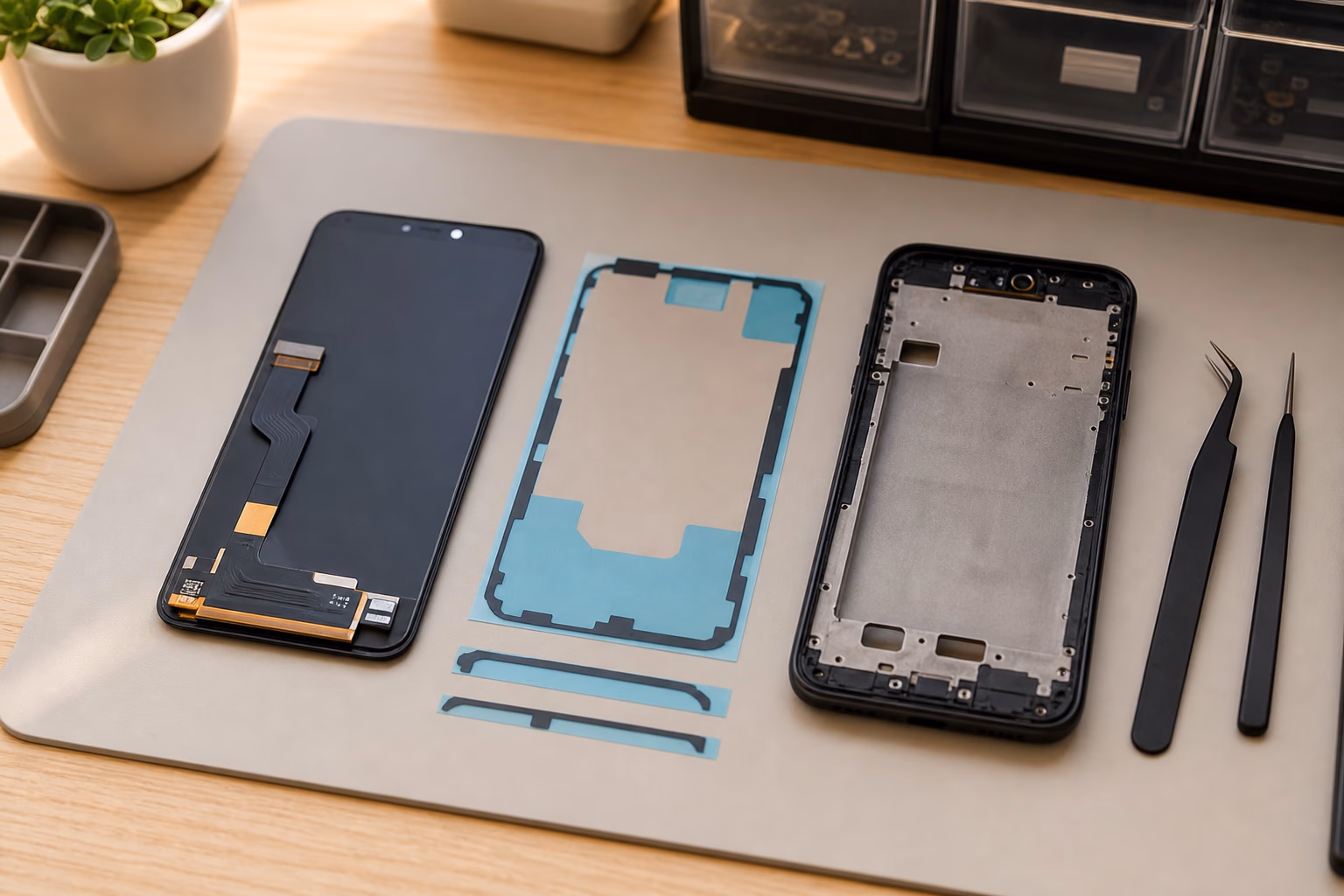 Replacement phone display assembly and repair tools on a workbench