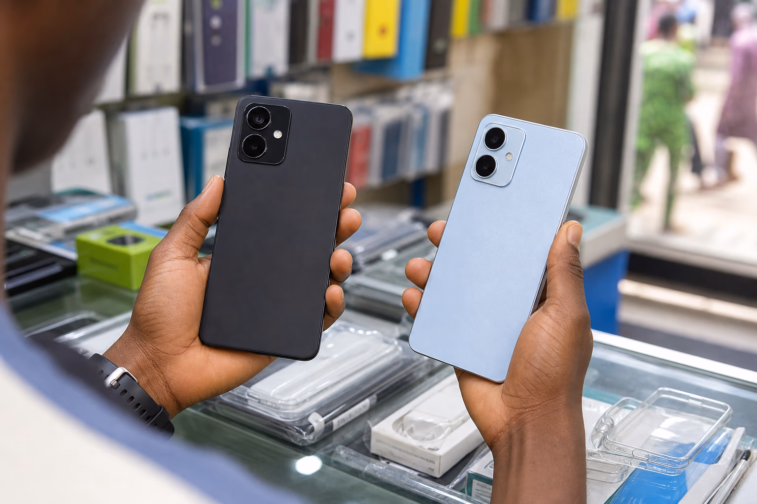 Shopper comparing two budget smartphones in a phone store
