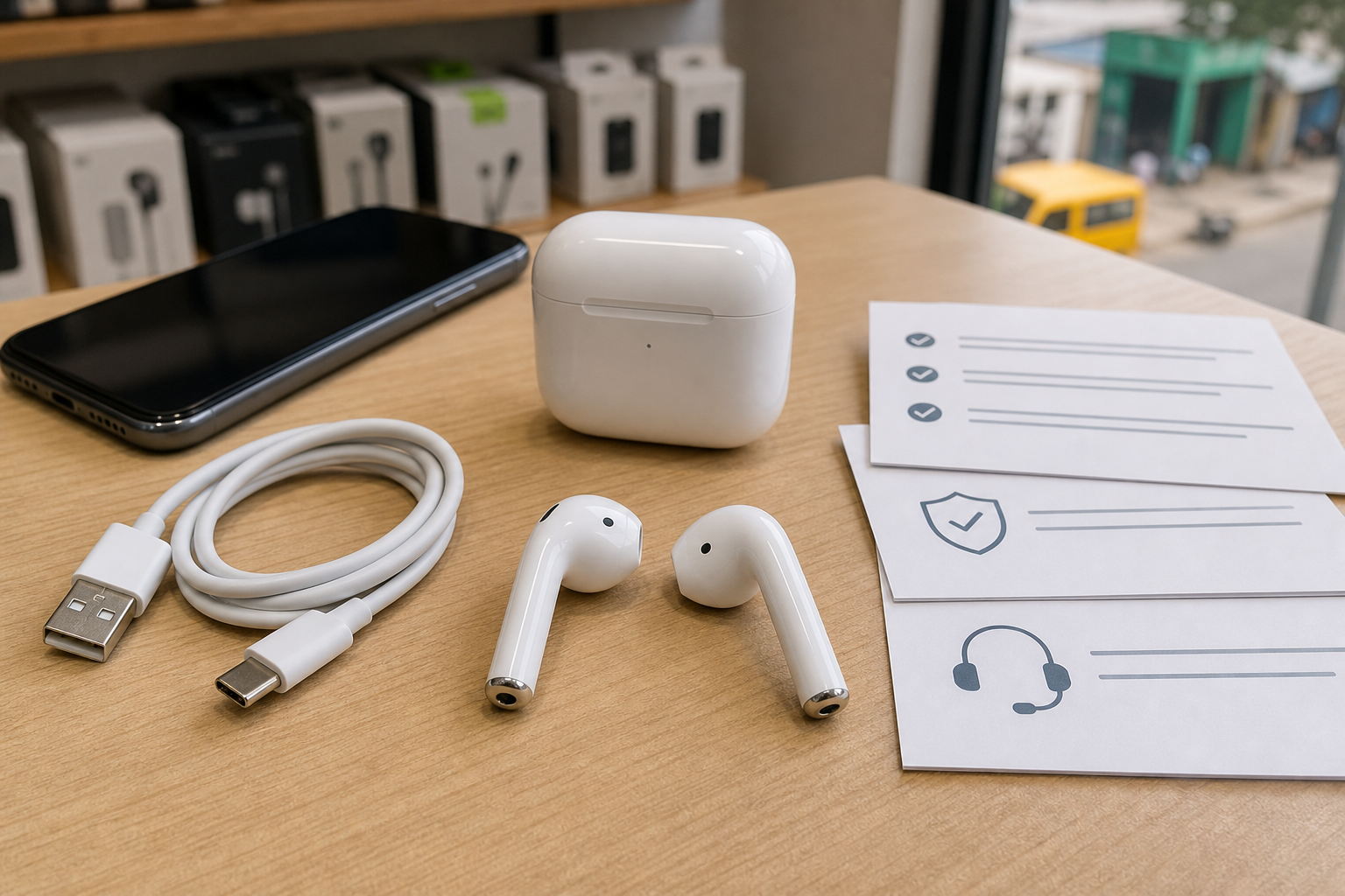 Wireless earbuds, charging cable, phone, and checklist cards on a retail desk