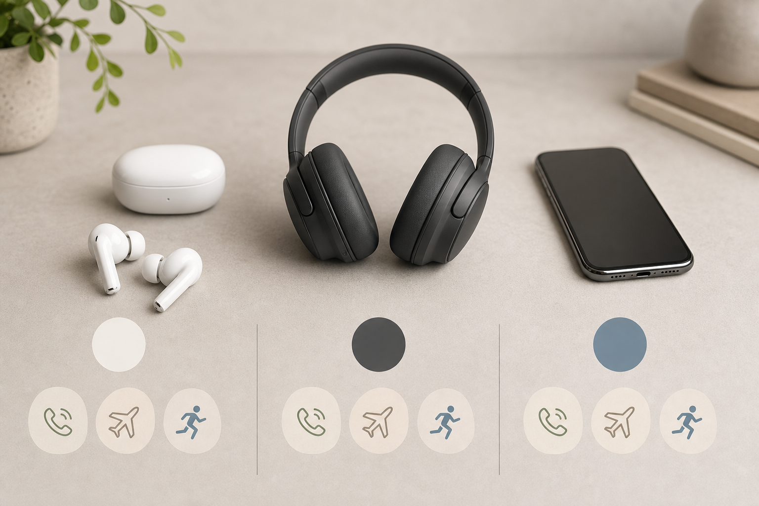 Wireless earbuds compared with over-ear headphones and a smartphone