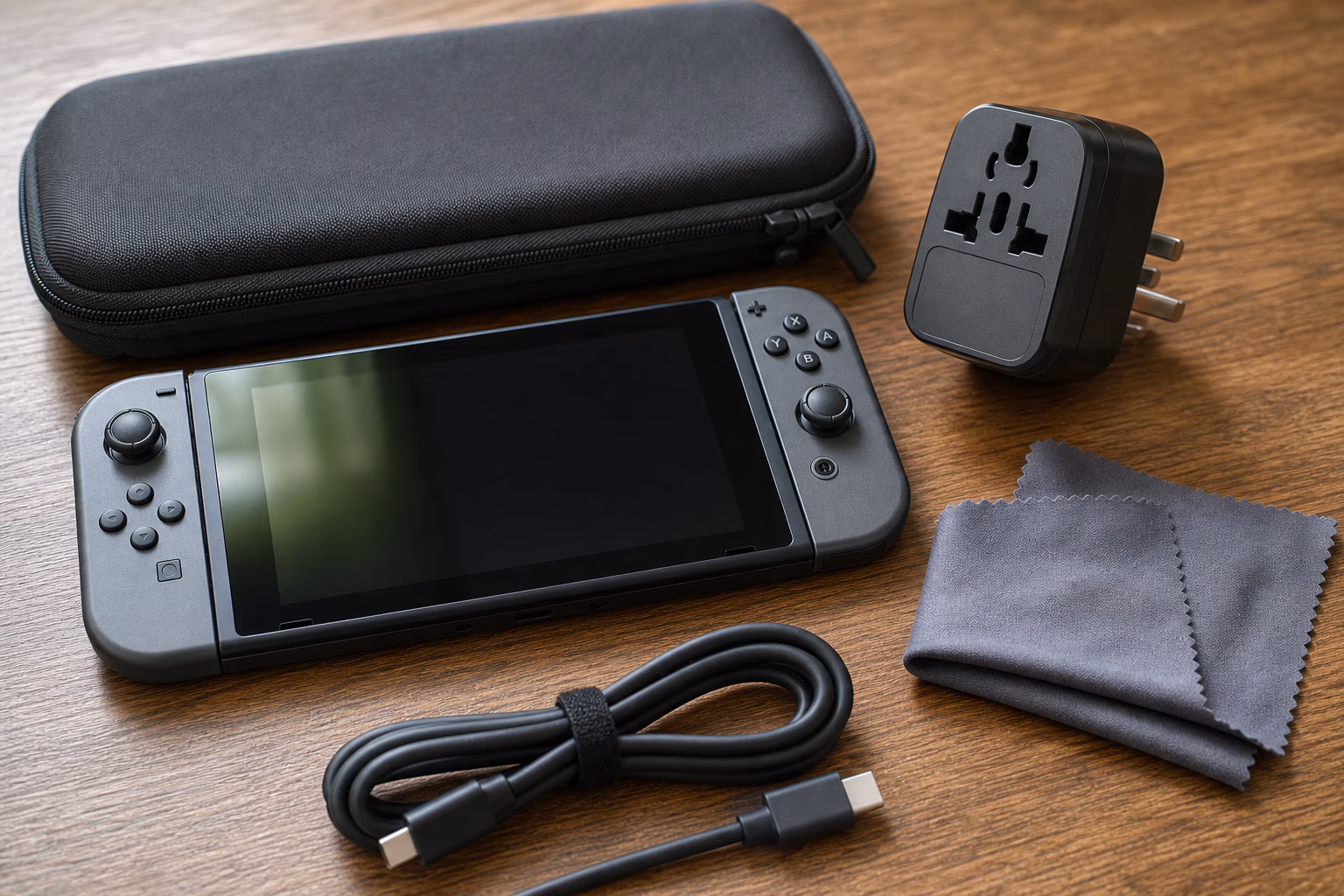 Handheld gaming console with travel case, cable, cloth and plug adapter on a table