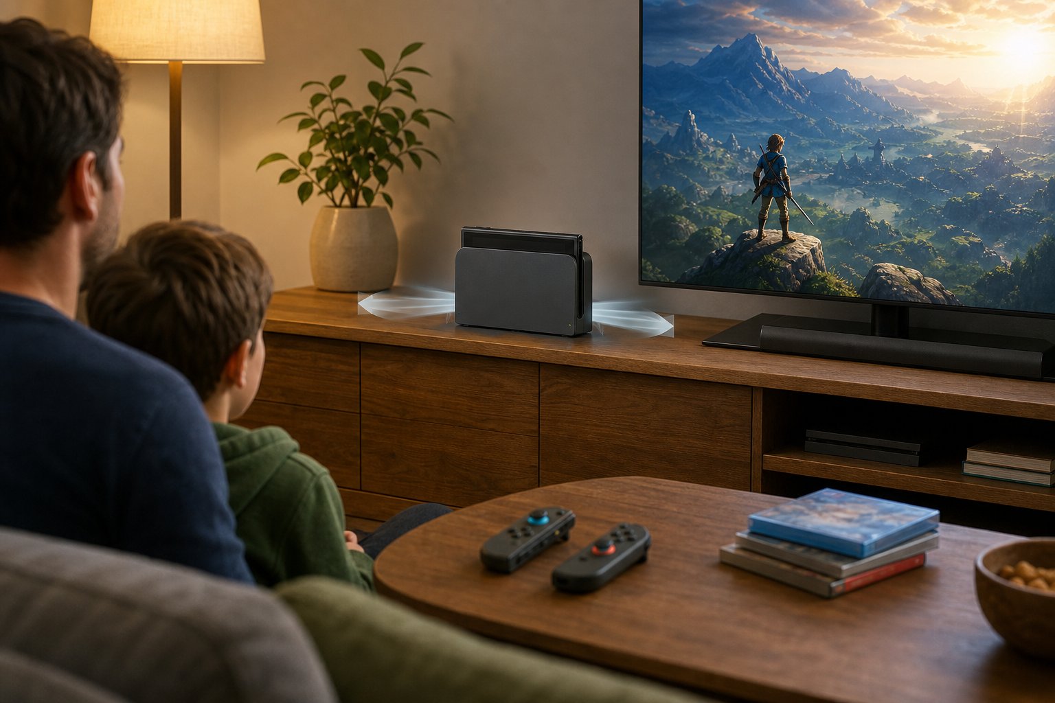 Docked hybrid gaming console connected to a living room television with controllers on a table