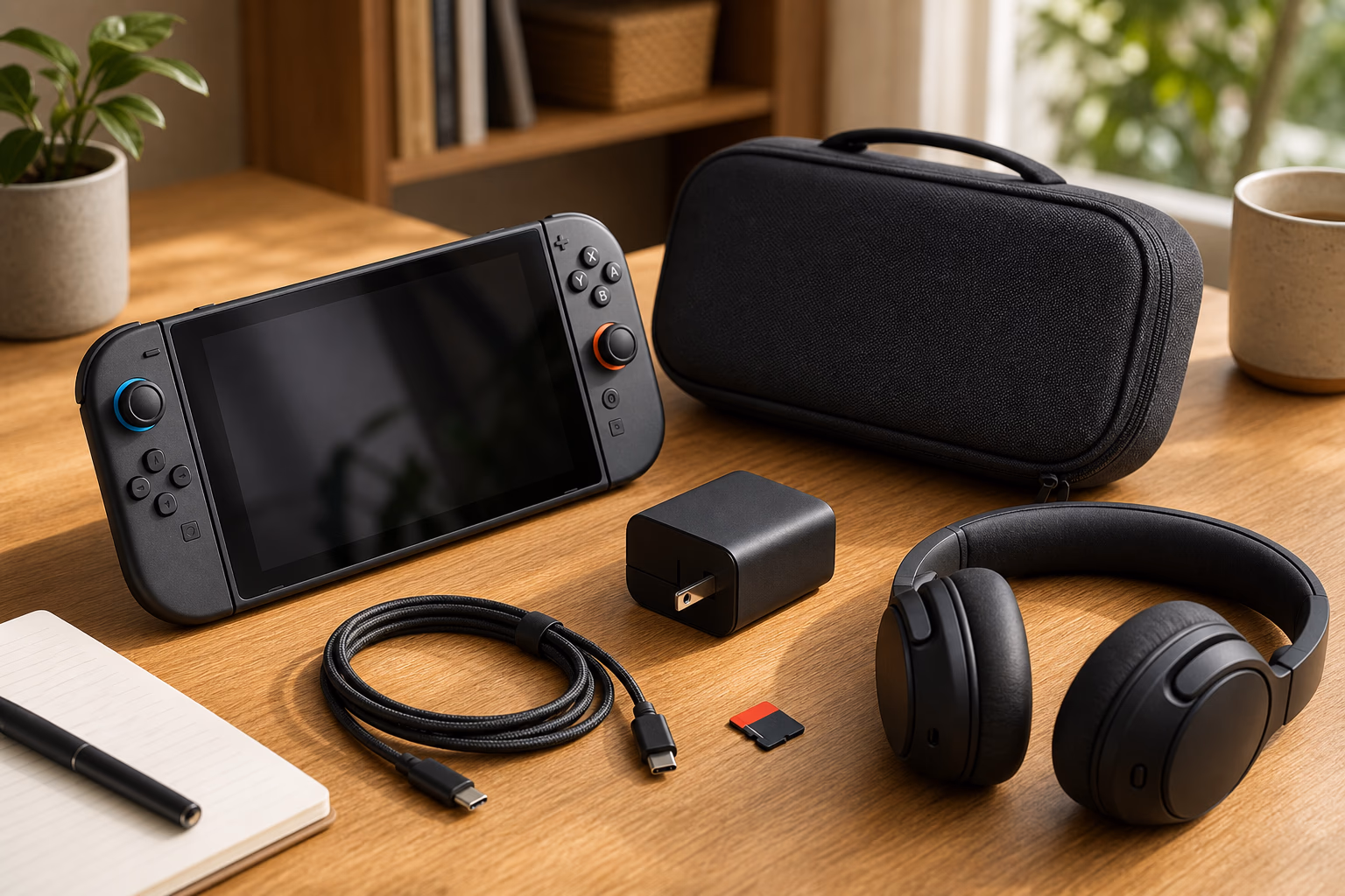 Hybrid gaming console with travel case, charger, storage card, and headphones on a desk