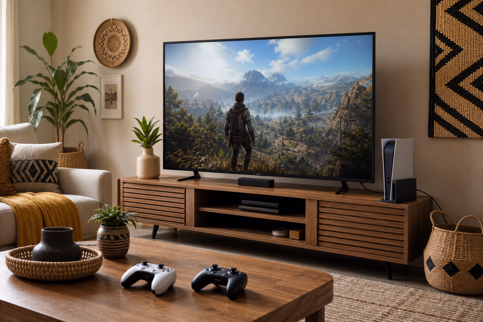 Docked hybrid gaming console connected to a TV in a family living room