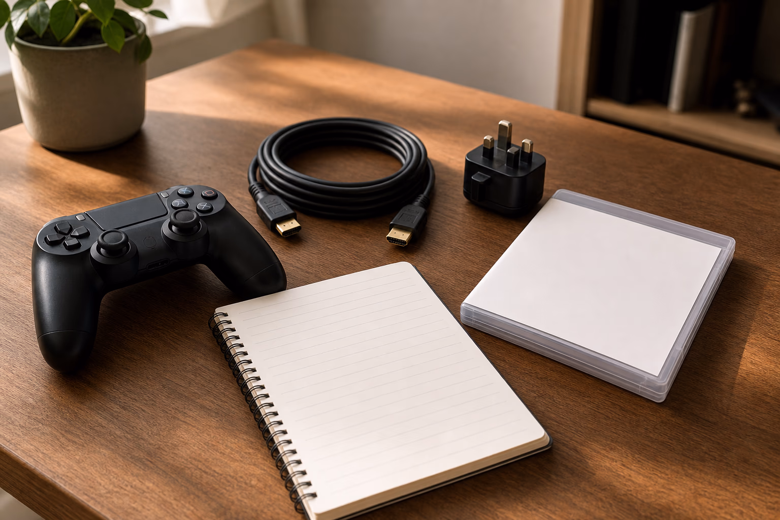 Gaming controller, HDMI cable, plug adapter, and blank checklist on a desk