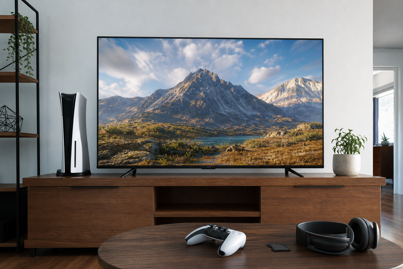 Modern console gaming setup with a large 4K television, controller, headphones, and storage accessory