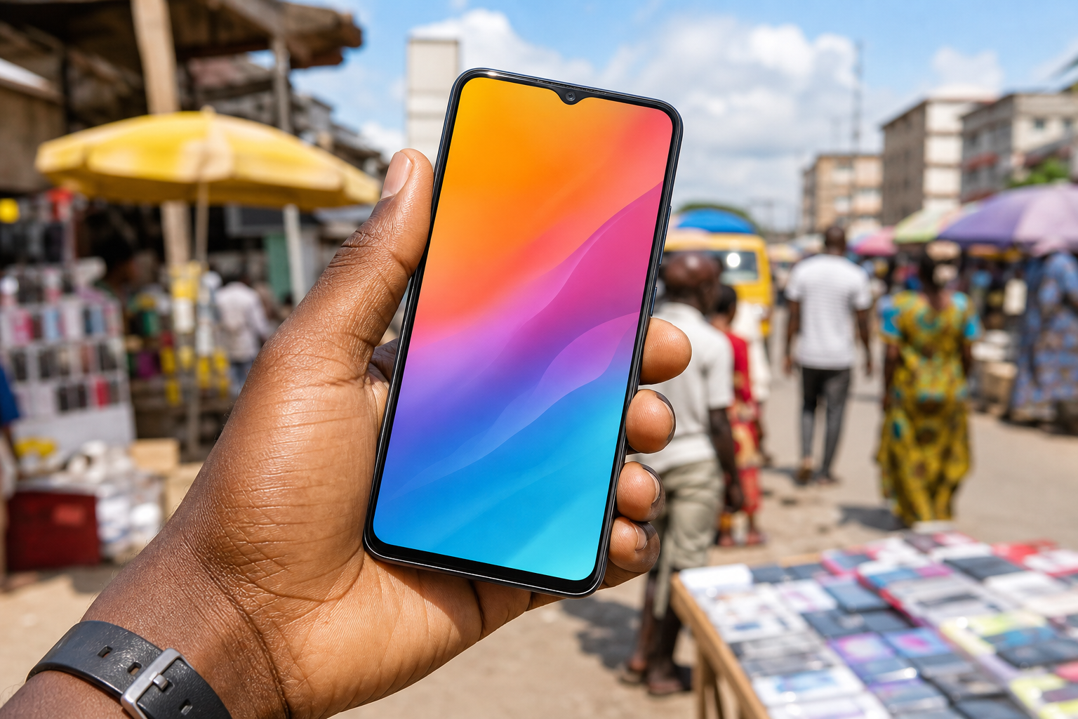 Generic smartphone held outdoors in bright African sunlight