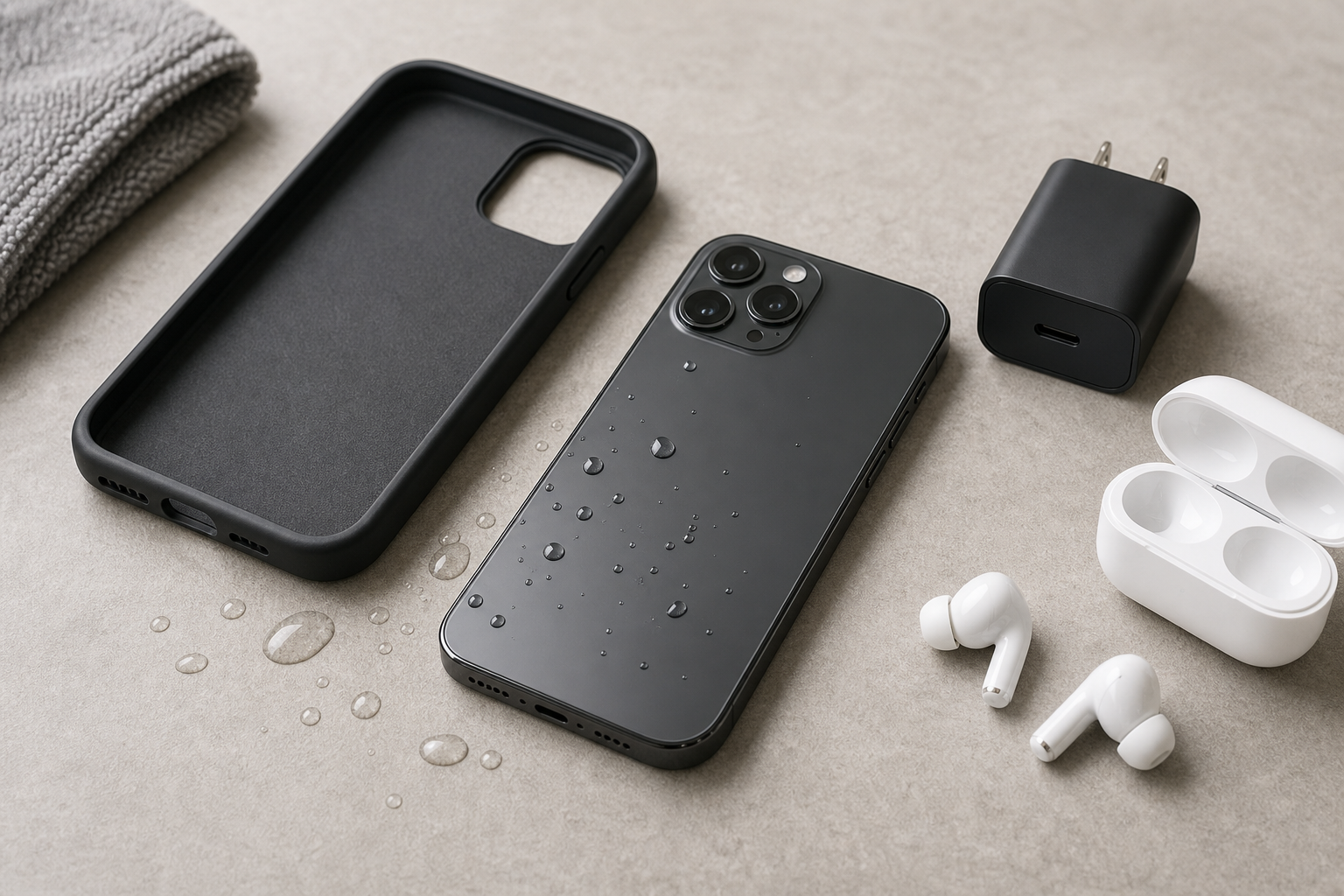 Generic smartphone with water droplets, case, charger, and earbuds