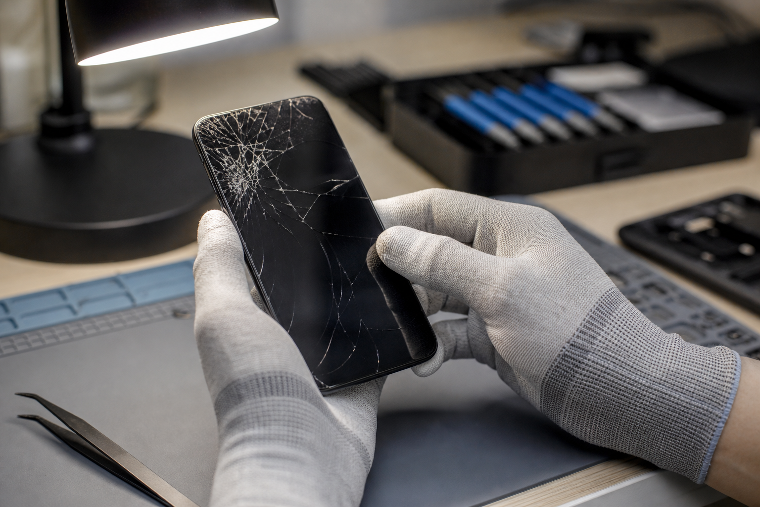 Close view of a cracked smartphone screen being inspected with repair tools nearby