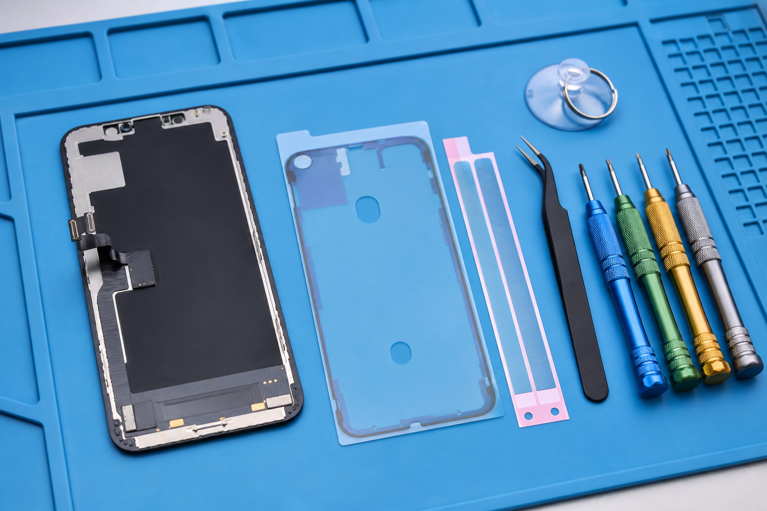 Smartphone display assembly and small repair tools arranged on a neutral bench