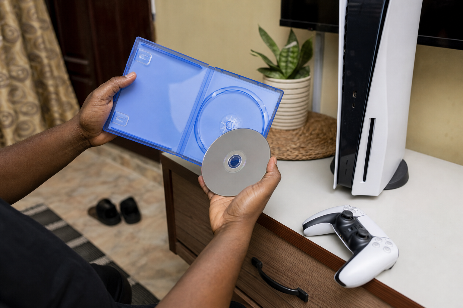 Hands checking a physical PS5 game disc beside a console and controller