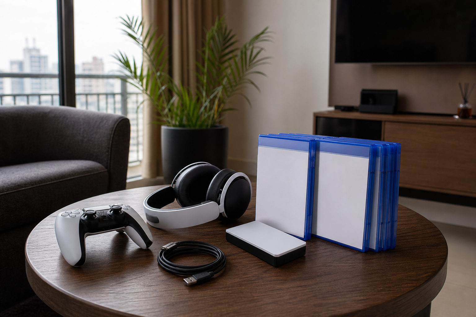 Gaming accessories and blank PS5 game cases arranged for comparison