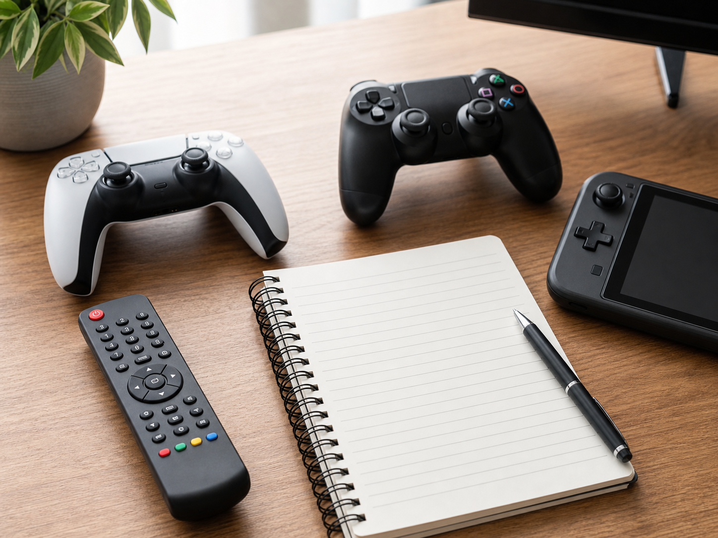 Controllers and handheld gaming device arranged beside a buyer checklist