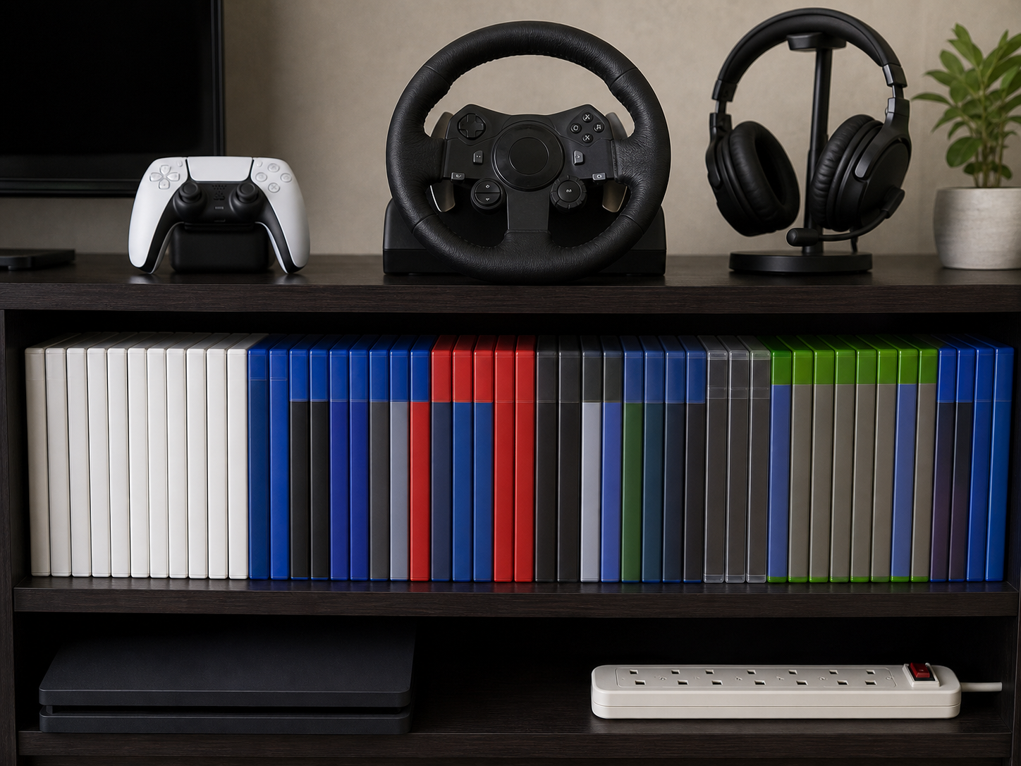 Gaming accessories and physical game cases arranged on a shelf