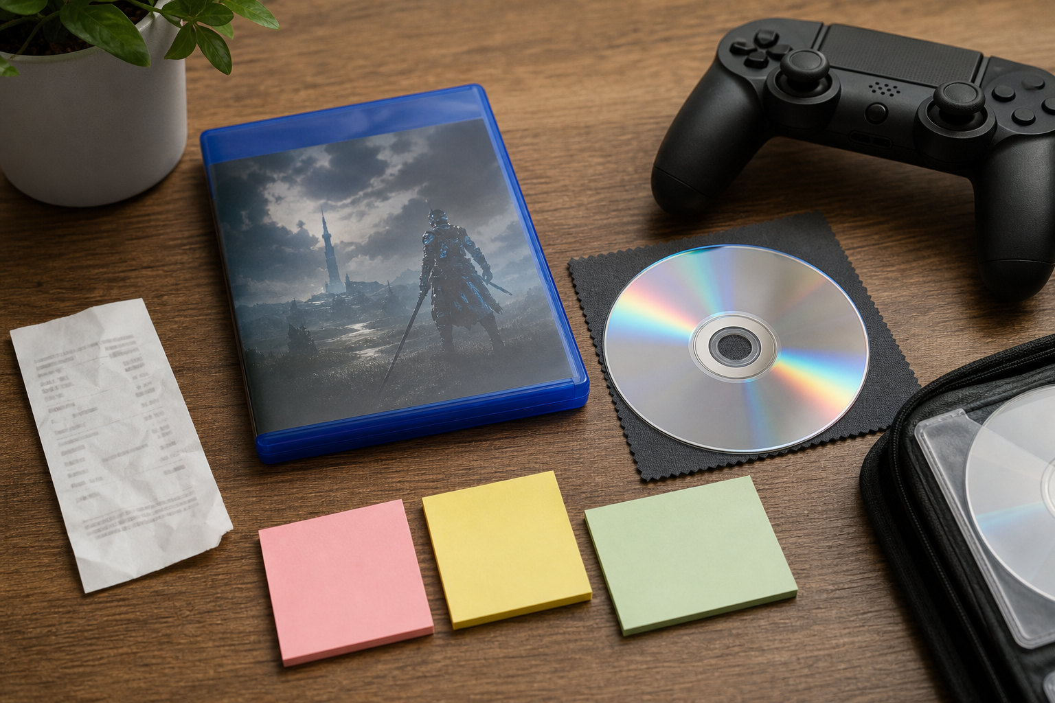 Physical game disc, game case, controller and checklist notes on a desk