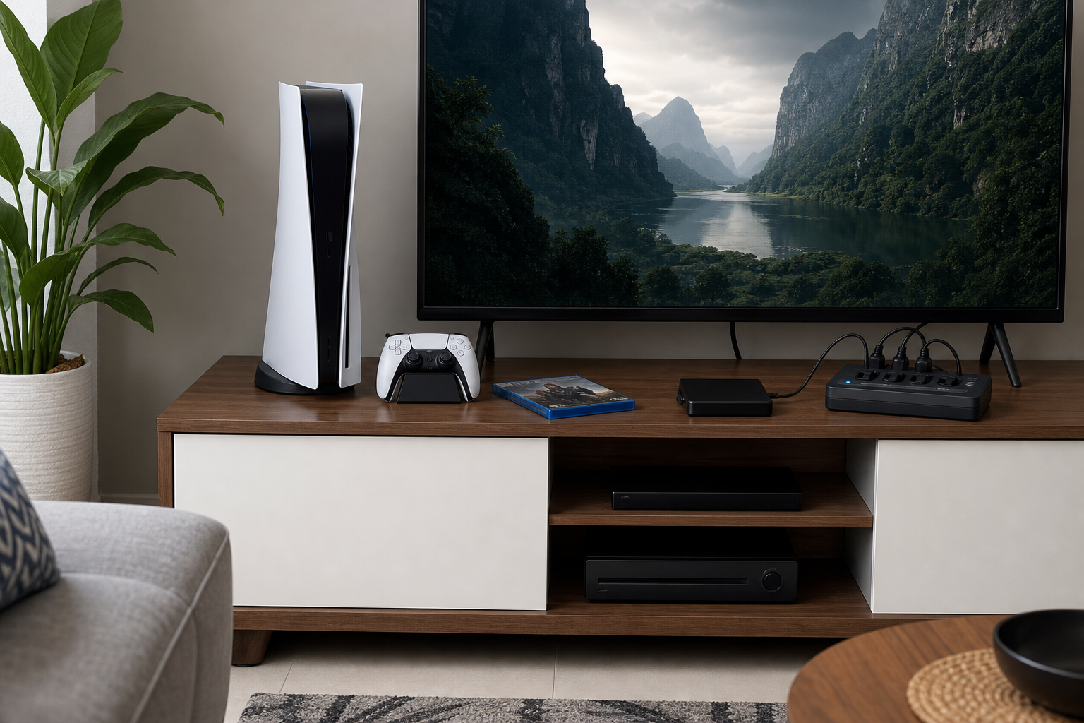 PlayStation 5 style home gaming setup with controller, disc case, storage drive and power protection
