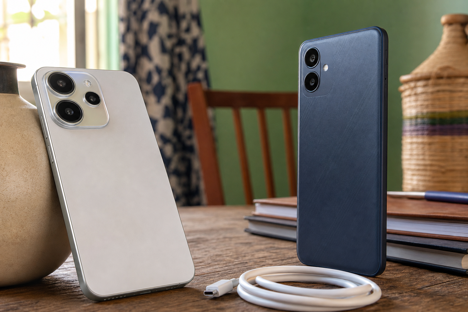 Two unbranded smartphones with camera and charging accessories