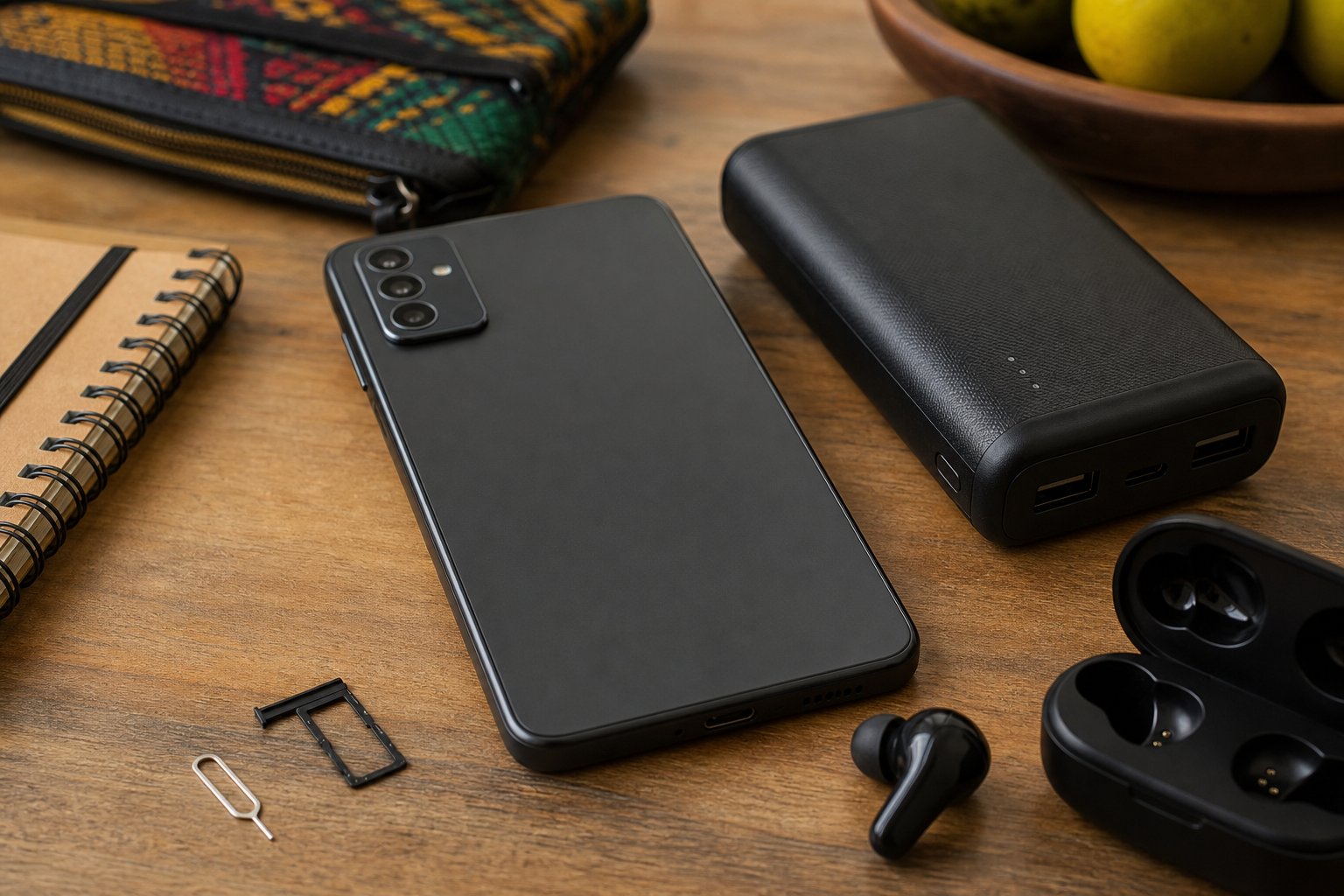 Unbranded smartphone beside power bank and accessories