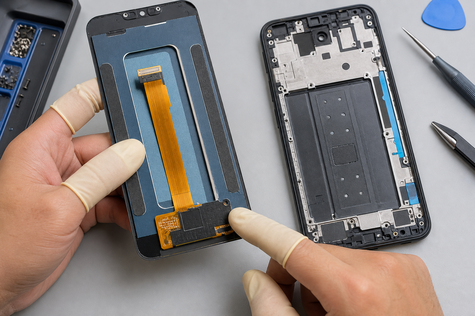 Technician inspecting a smartphone display assembly and phone frame
