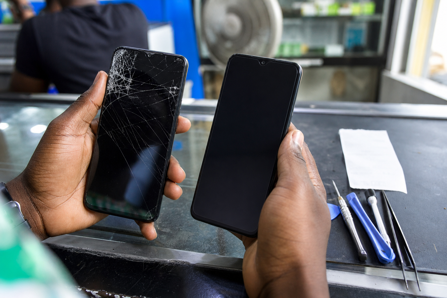 Customer comparing a cracked phone with a clean replacement option at a repair counter