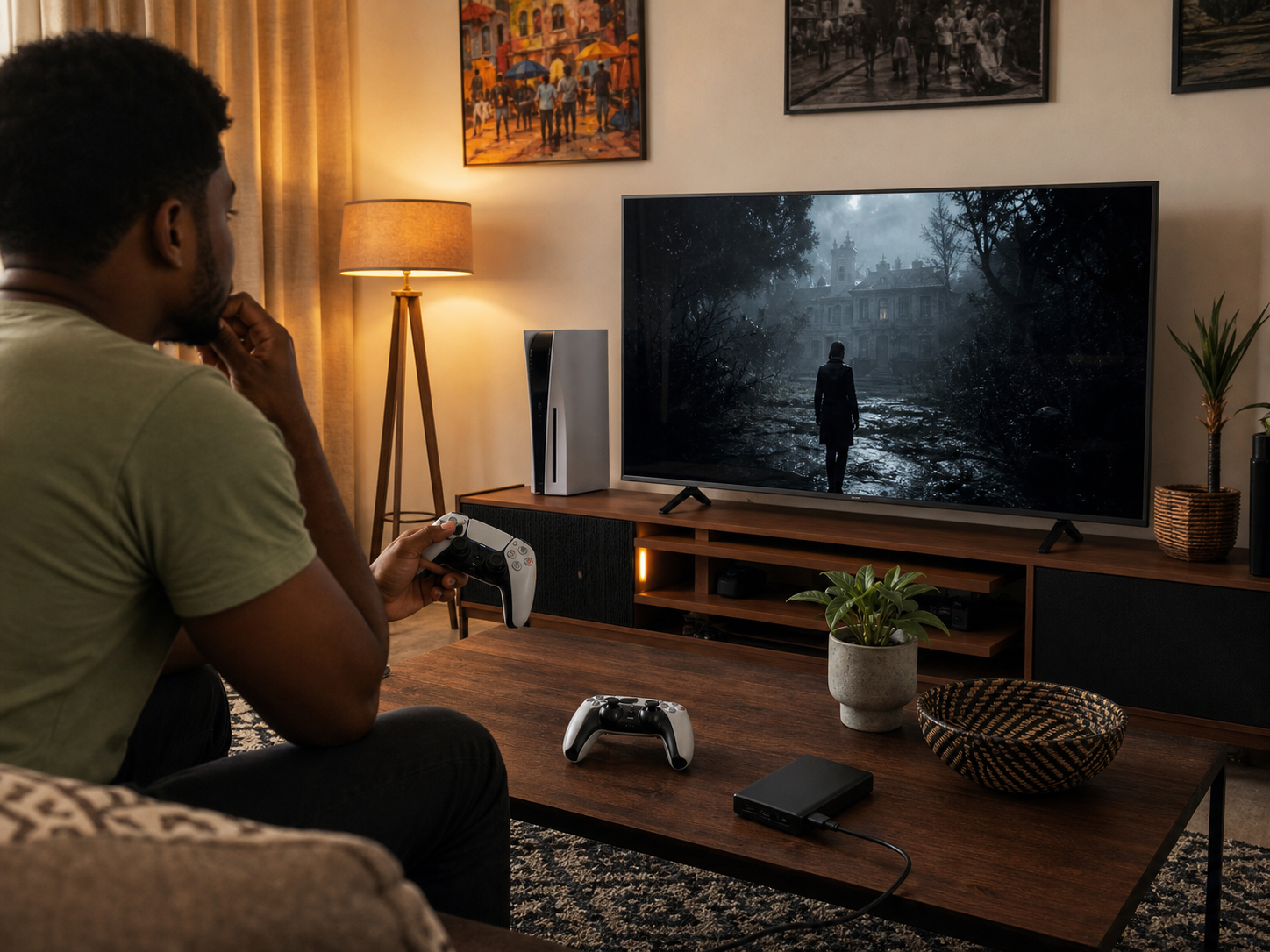 Nigeria living room gaming setup with console, controller and storage drive