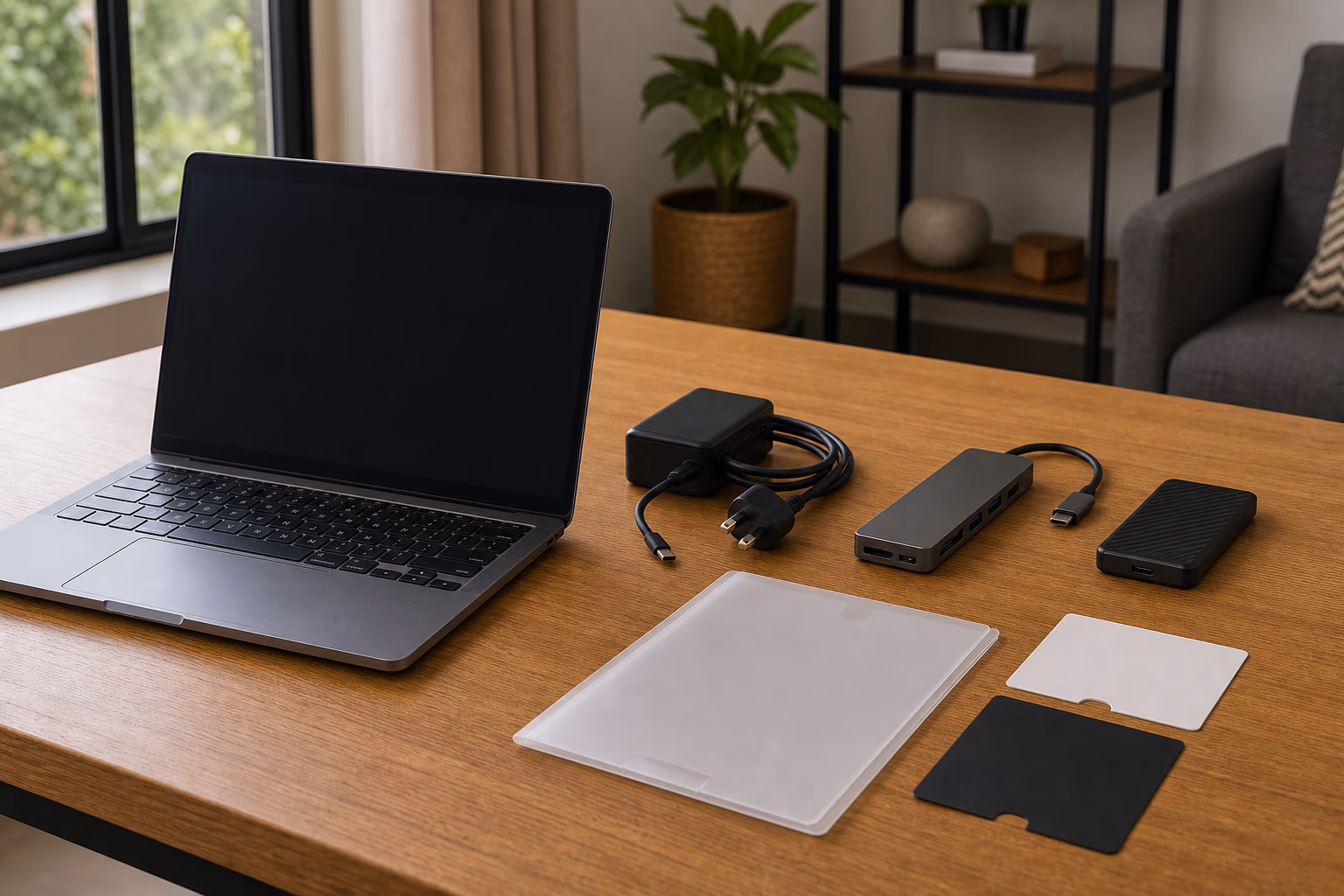 Laptop accessories and warranty checklist items arranged on a desk