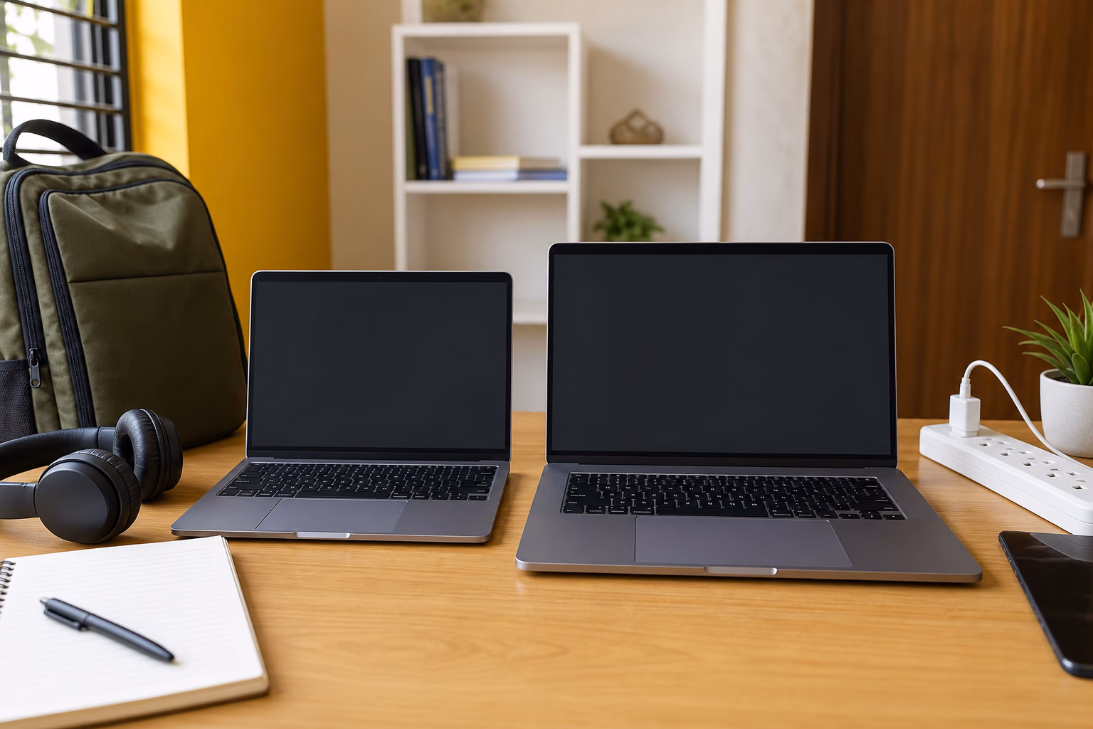 Two laptop sizes side by side on a study desk