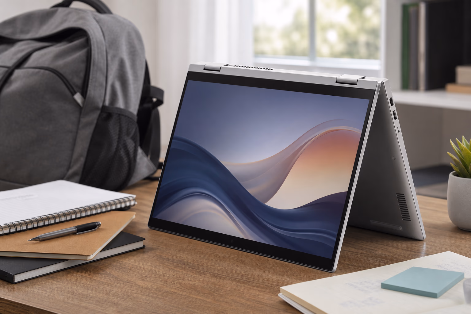 Compact silver convertible laptop in tent mode on a study desk