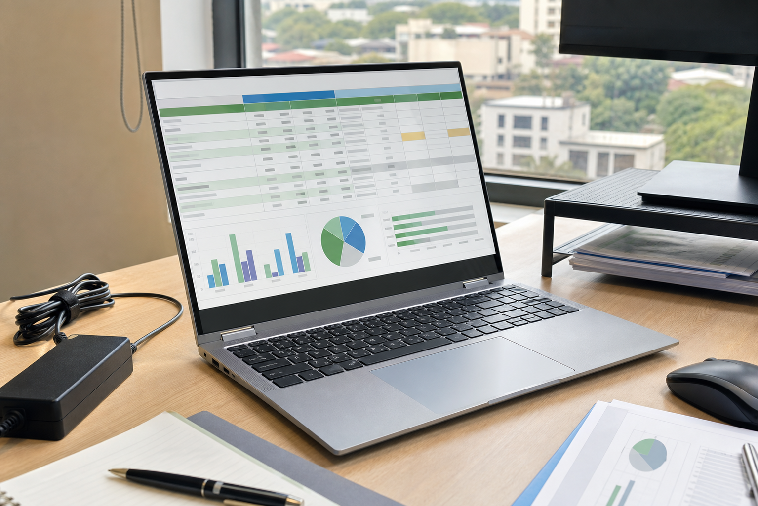 Large silver convertible laptop on an office desk with productivity documents
