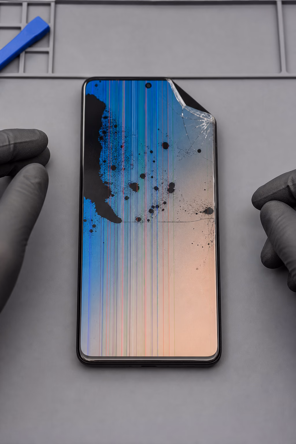 Phone display with lines and cracked glass during screen diagnosis