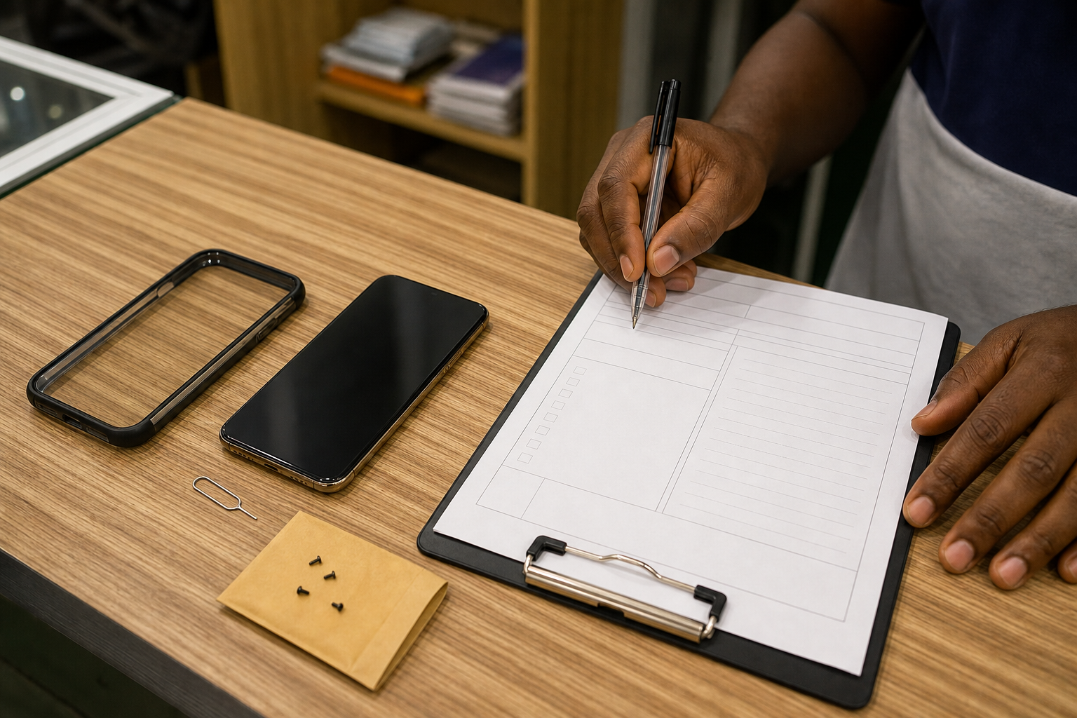 Repair booking preparation with a phone and service checklist