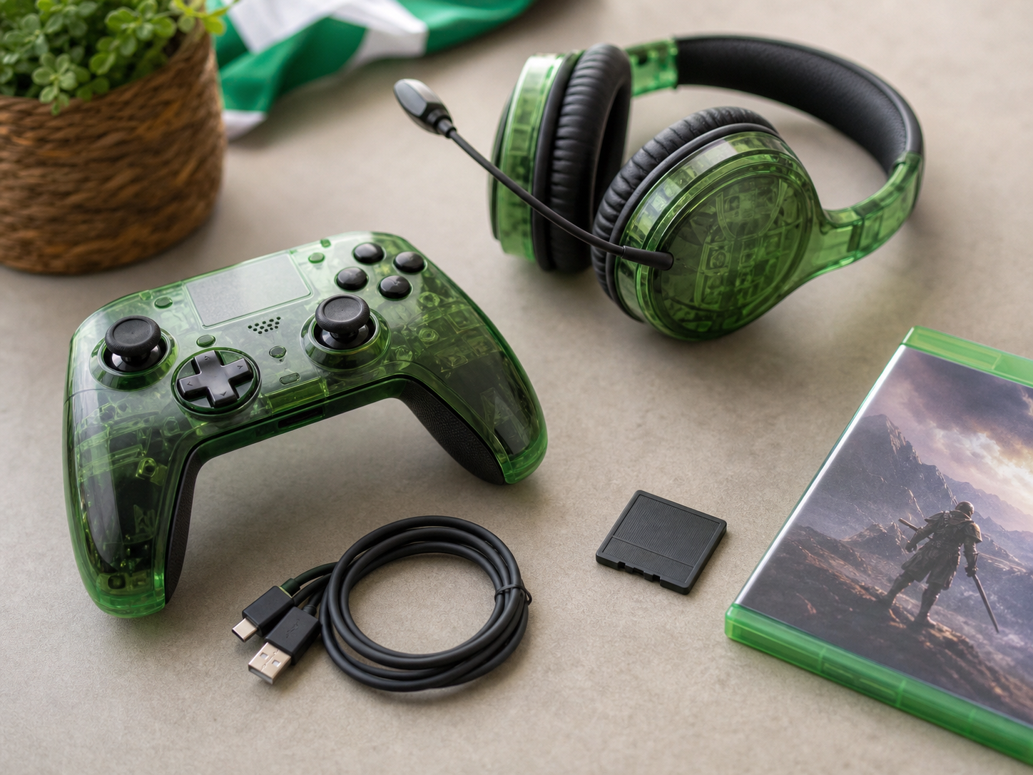Green gaming controller with accessories arranged for a compatibility checklist