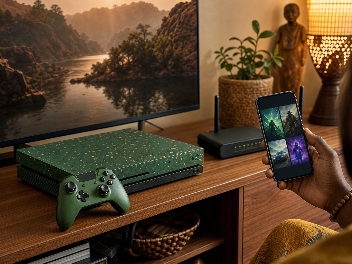 Green gaming console setup beside a TV and phone showing abstract subscription tiles