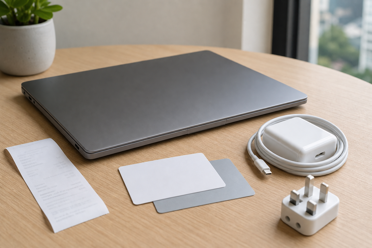 Unbranded laptop with charger, receipt and warranty cards on a desk