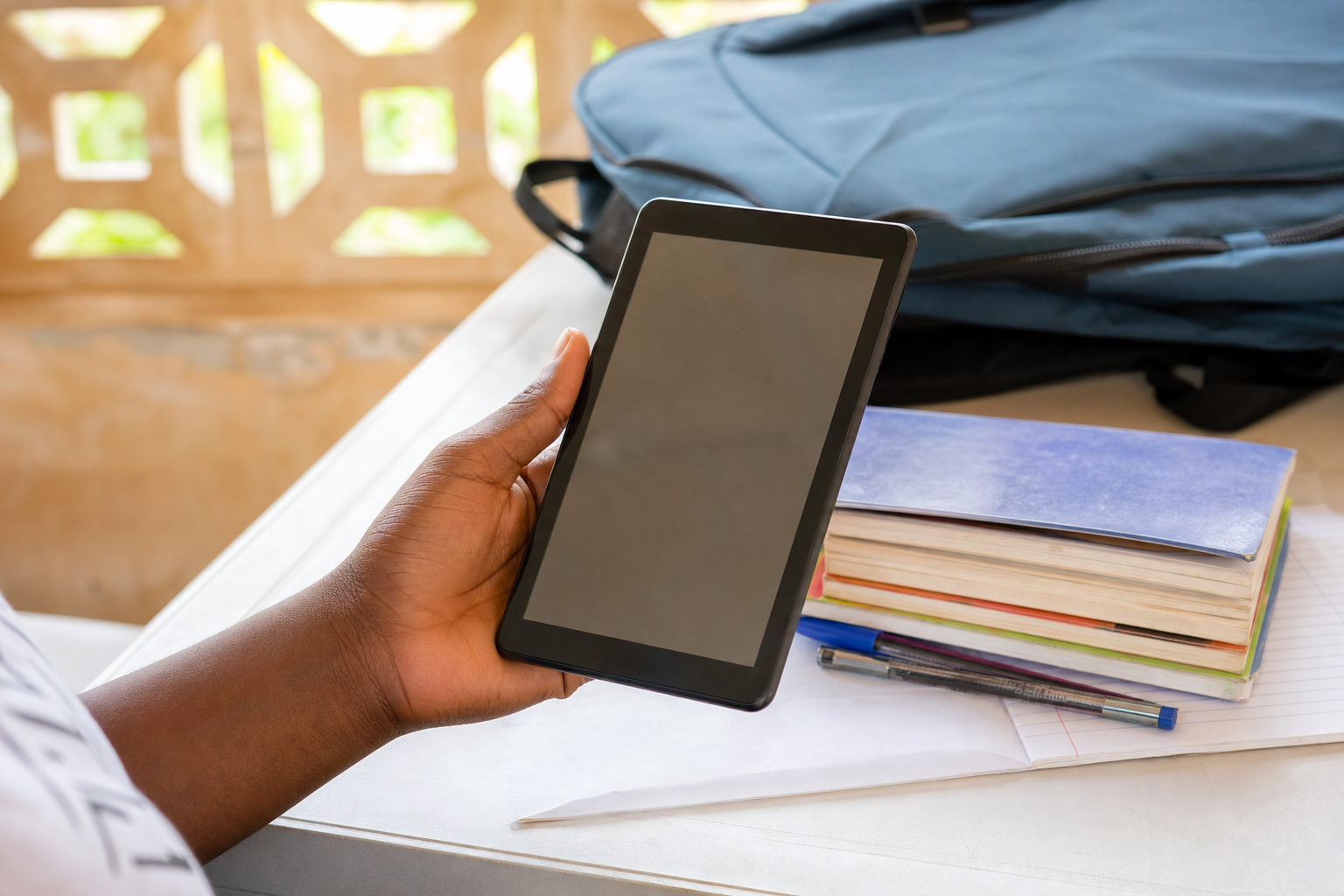 Compact tablet beside notebooks and a backpack for student use