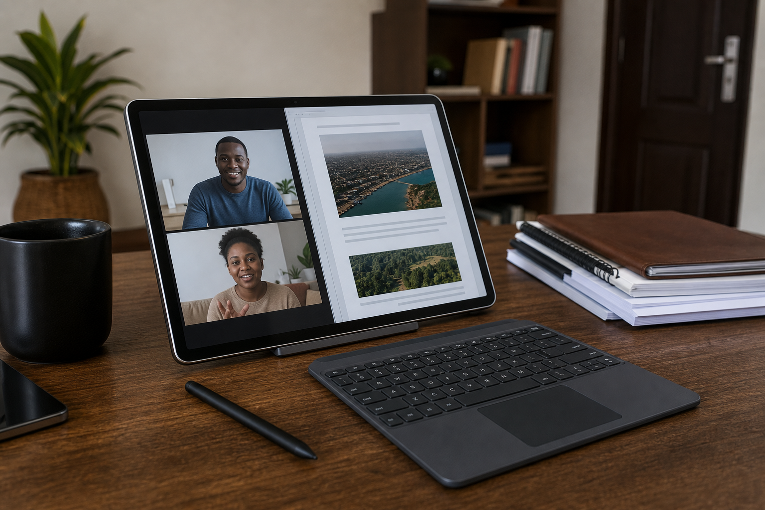 Large tablet with keyboard accessory and stylus-like pen on a home office desk