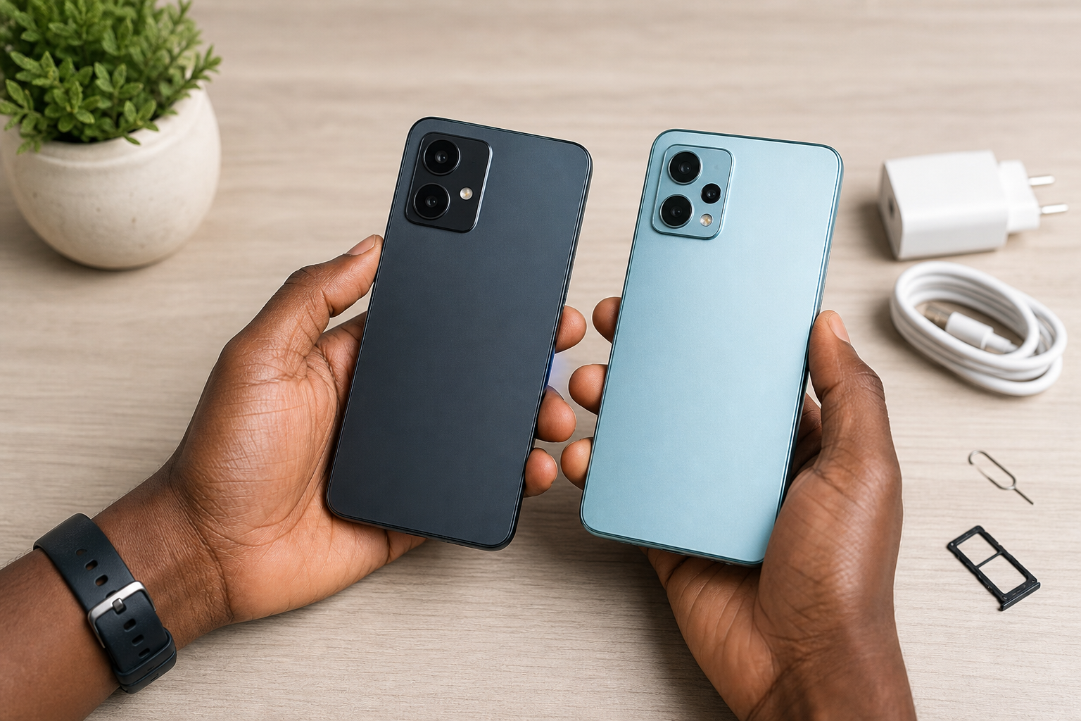 Buyer comparing two affordable Android smartphones before choosing between HOT 70 and HOT 60 alternatives