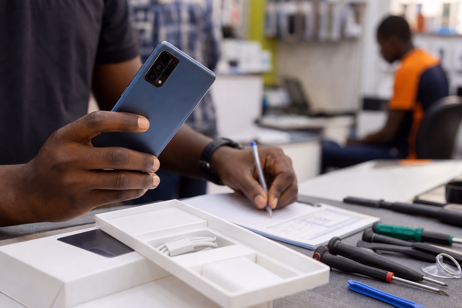Smartphone warranty and repair check on a service desk with tools and boxed accessories