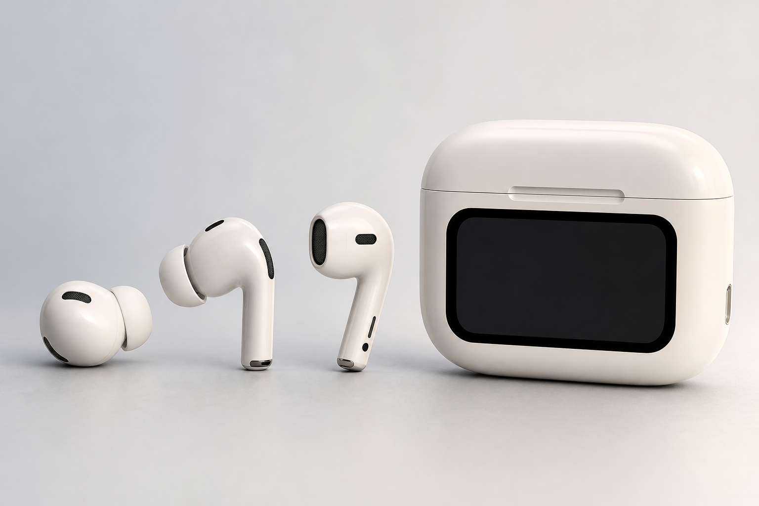 Three wireless earbud fit styles beside a touchscreen-style charging case