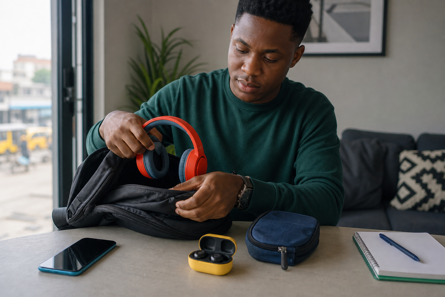Buyer packing headphones and earbuds beside a smartphone for daily commuting