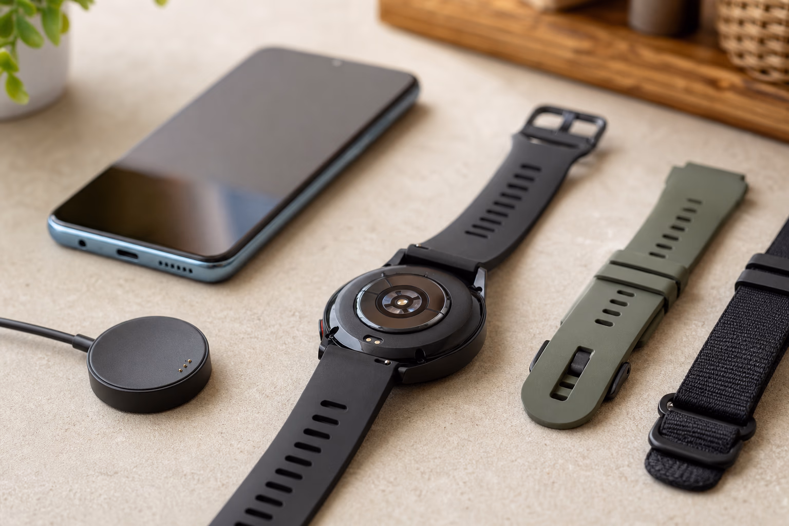 Smartwatch, straps, charger, and Android phone arranged for buying checks