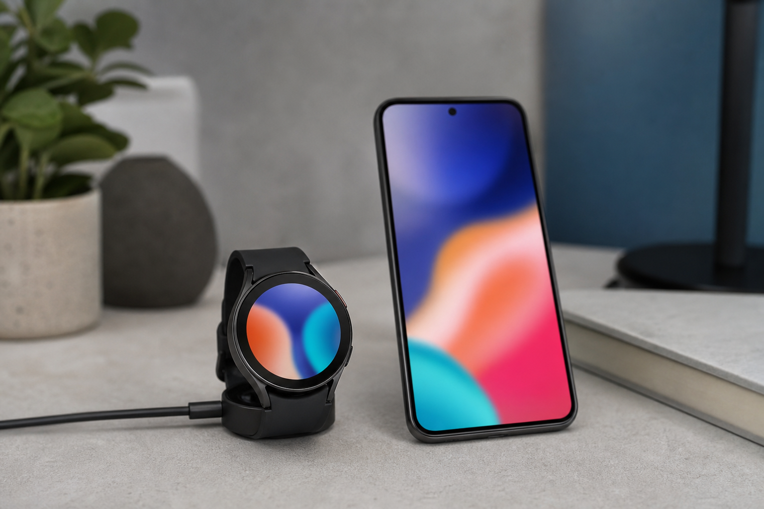 Round smartwatch charging beside an Android phone for Wear OS compatibility context