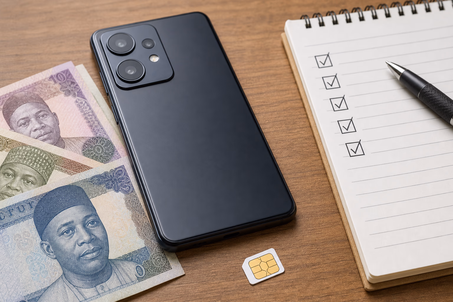 Smartphone beside naira notes, SIM card and buyer checklist