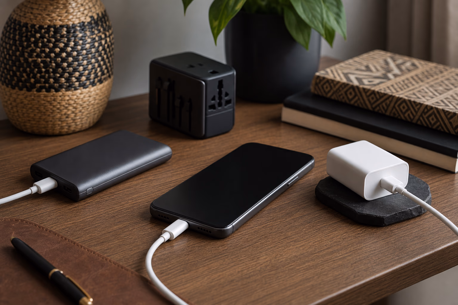Smartphone charging setup with USB-C cable, power bank and travel adapter