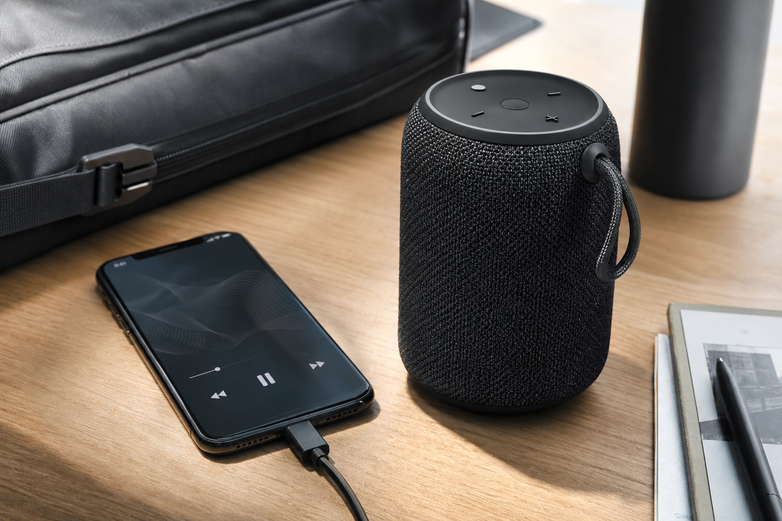 Portable Bluetooth speaker with phone and charging cable on a desk