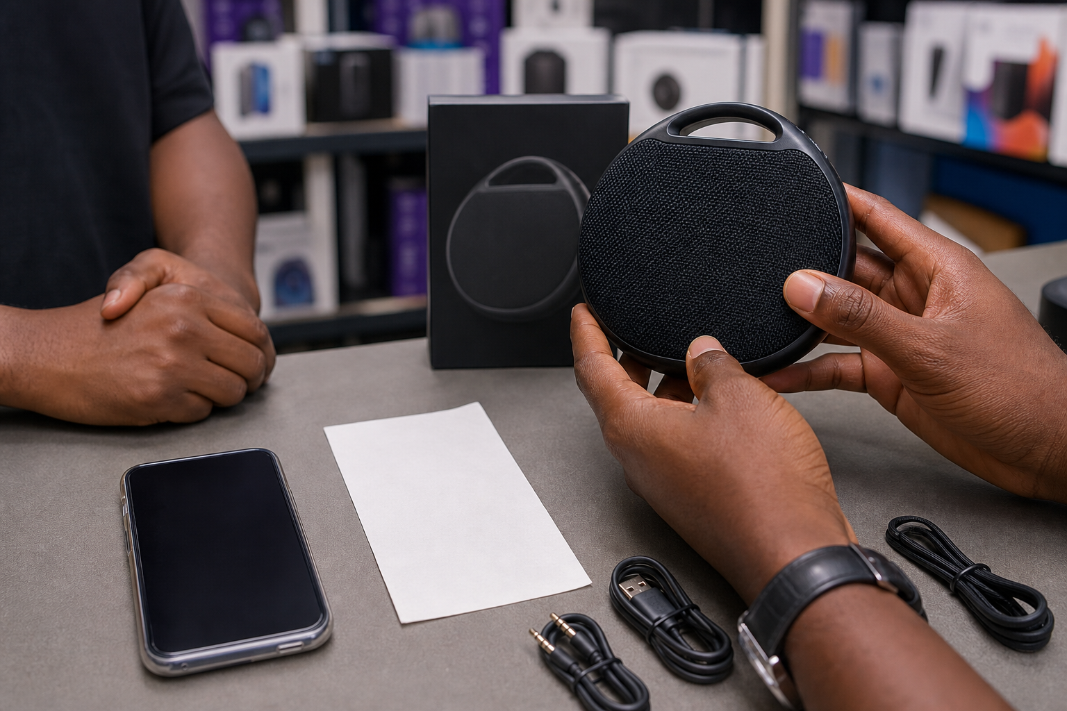 Buyer inspecting a portable speaker and accessories at checkout