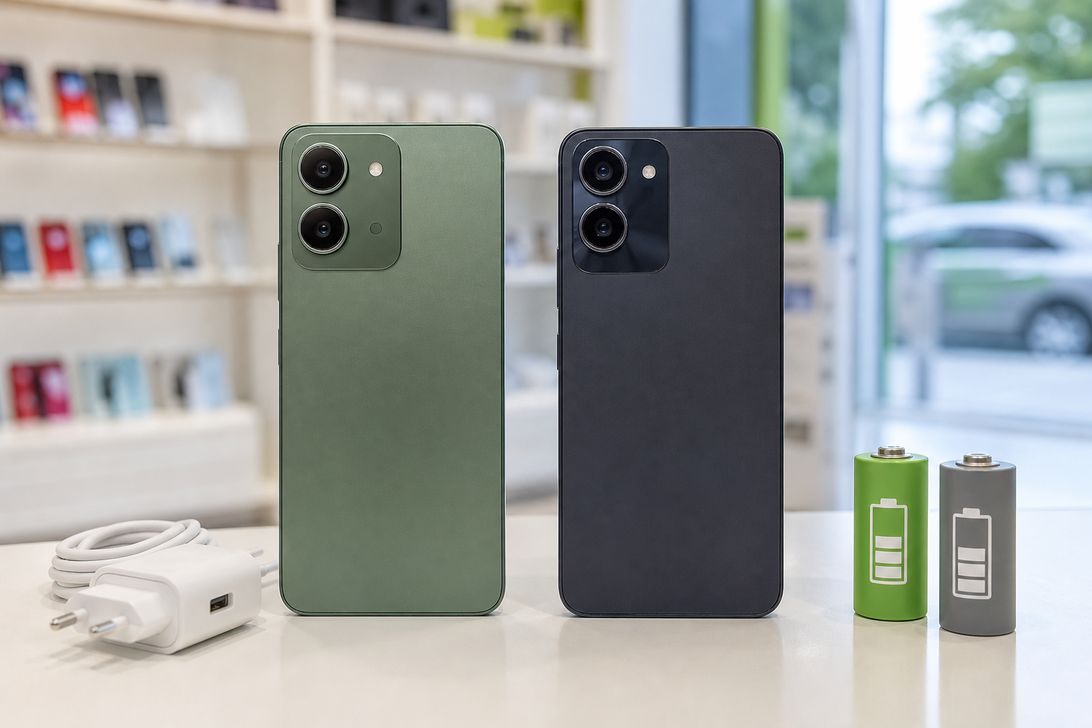 Two generic Android phones on a desk with buying accessories for a budget smartphone comparison