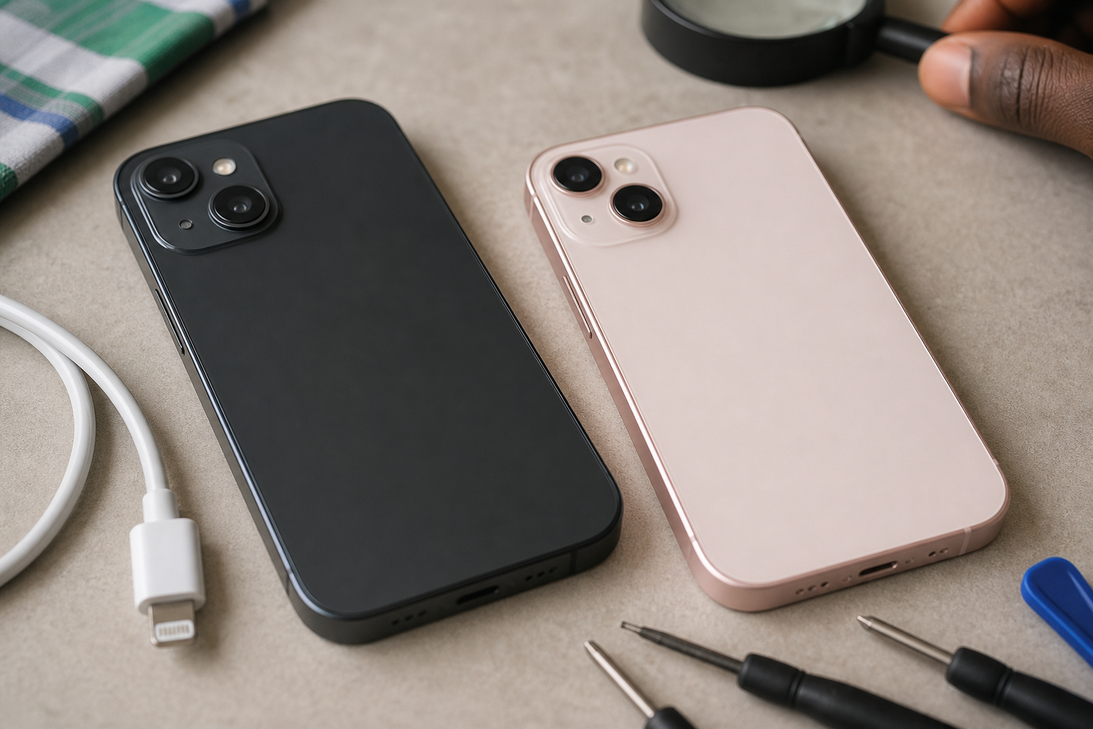 Two compact smartphones with inspection tools and charging cable for used iPhone buying checks