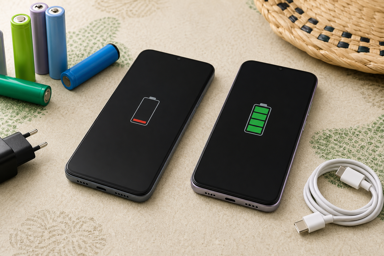 Two smartphones with battery and charging elements for comparing battery capacity and charging