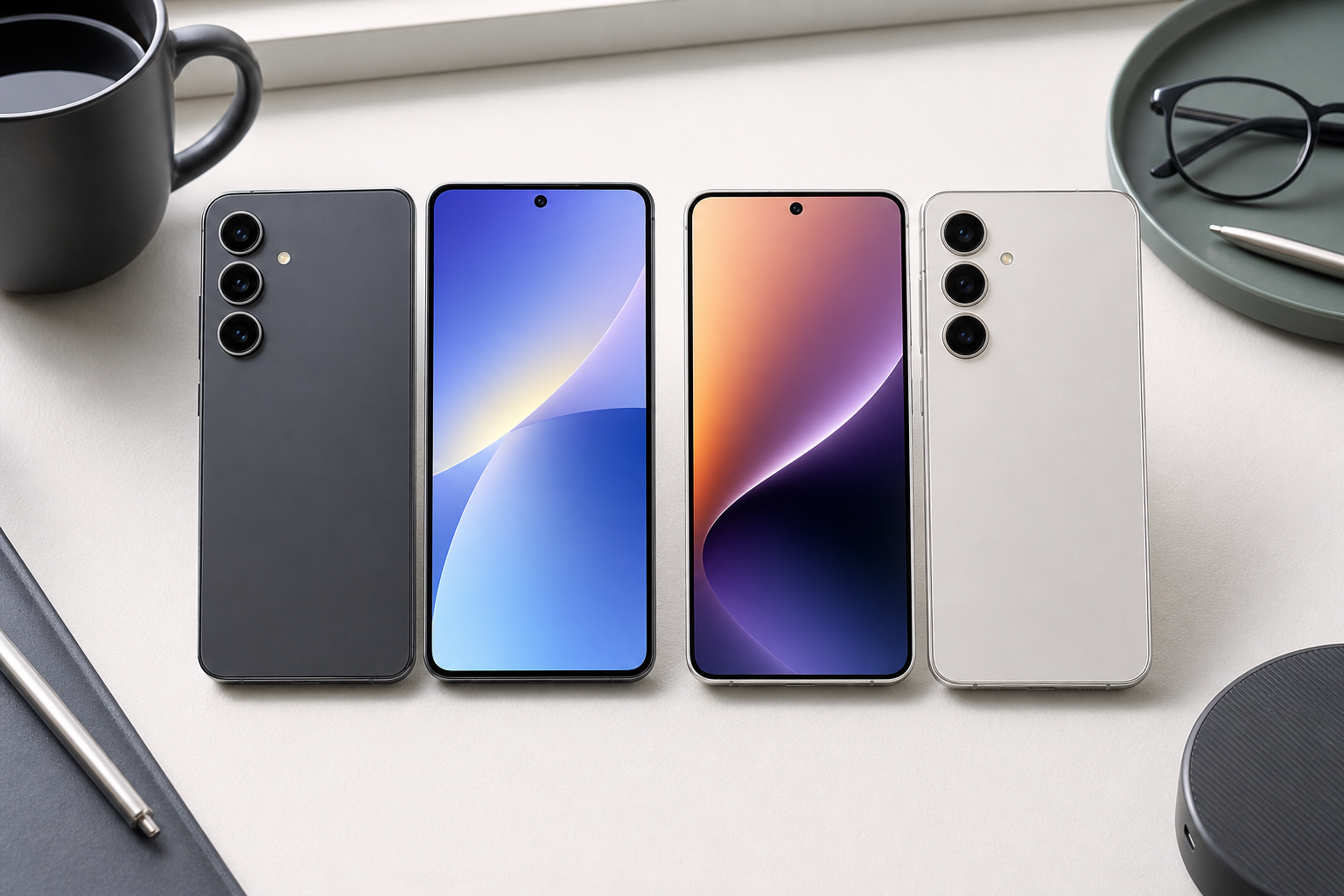 Premium smartphones arranged for camera and display comparison